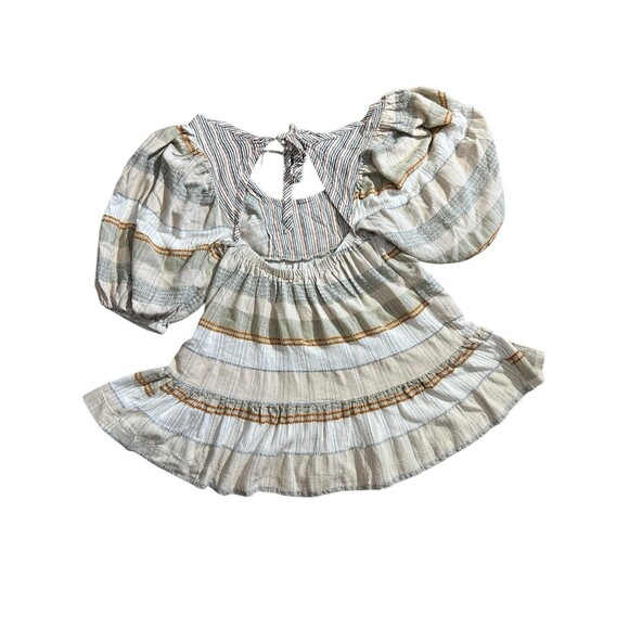 Free People Striped Puff Sleeve Mini Dress Cottage Core Boho Smocked Dress Sz L - Picture 12 of 16